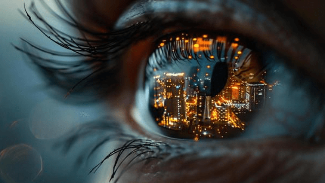 A close up shot of an eyeball with a city skyline