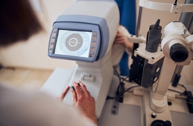 A doctor at an eye machine