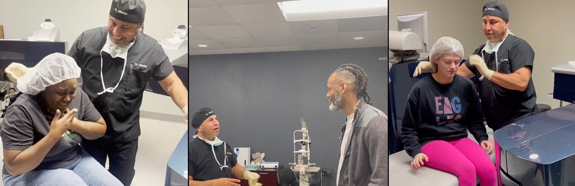 Three images of a doctor helping patients